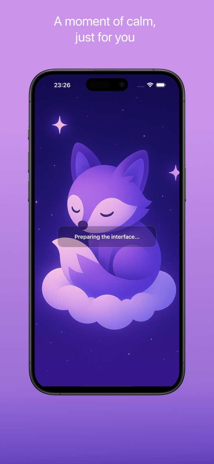 Somnifox welcome screen with a fox resting on a cloud and the text 'A moment of calm, just for you'.
