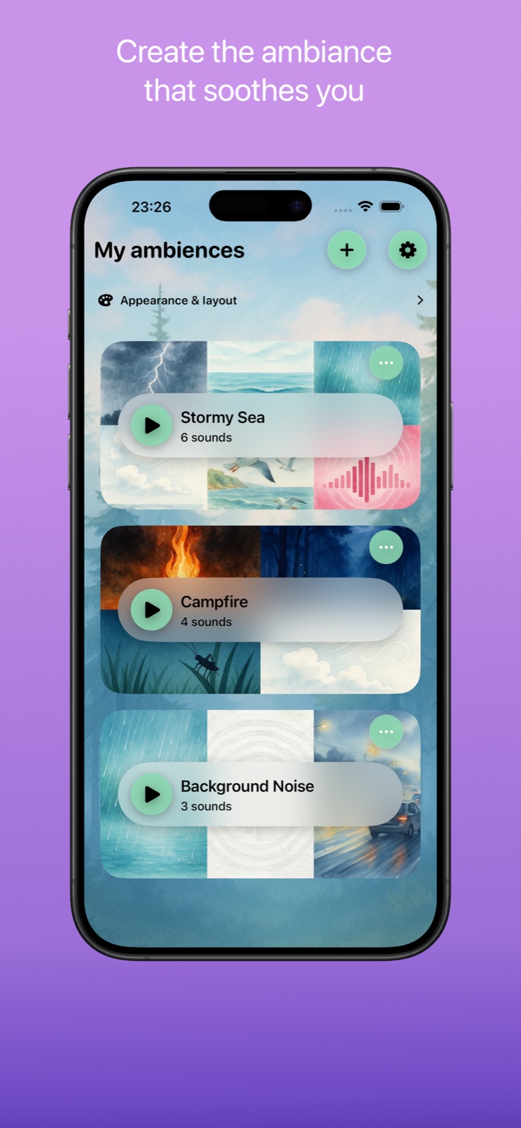 Home screen showing a list of soothing ambiences like Stormy Sea, Campfire and Background Noise.