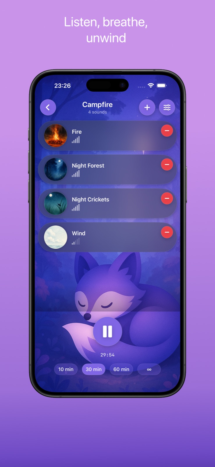 Mixer view with several sounds stacked, a play button and a sleeping fox illustration.