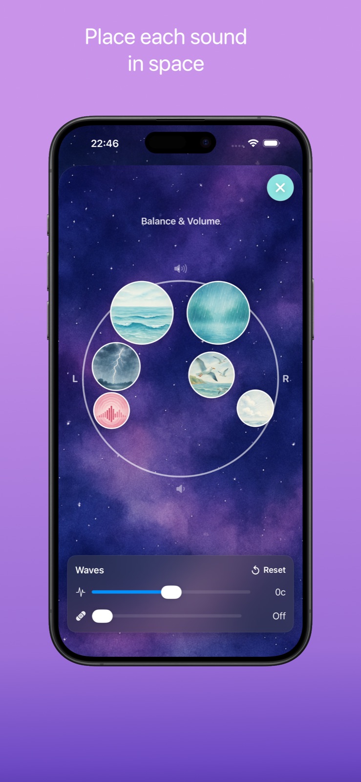 Balance and volume screen where each sound is placed in space inside a circle.