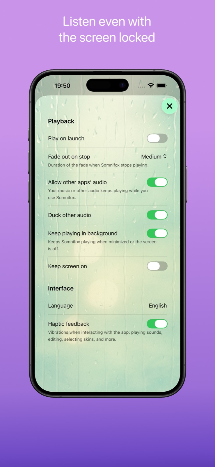 Playback and settings screen with options like play on launch, keep playing in background and keep screen on.
