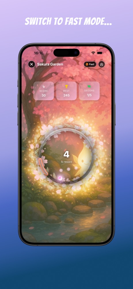 Fast mode gameplay in the Sakura world with stronger glow effects.